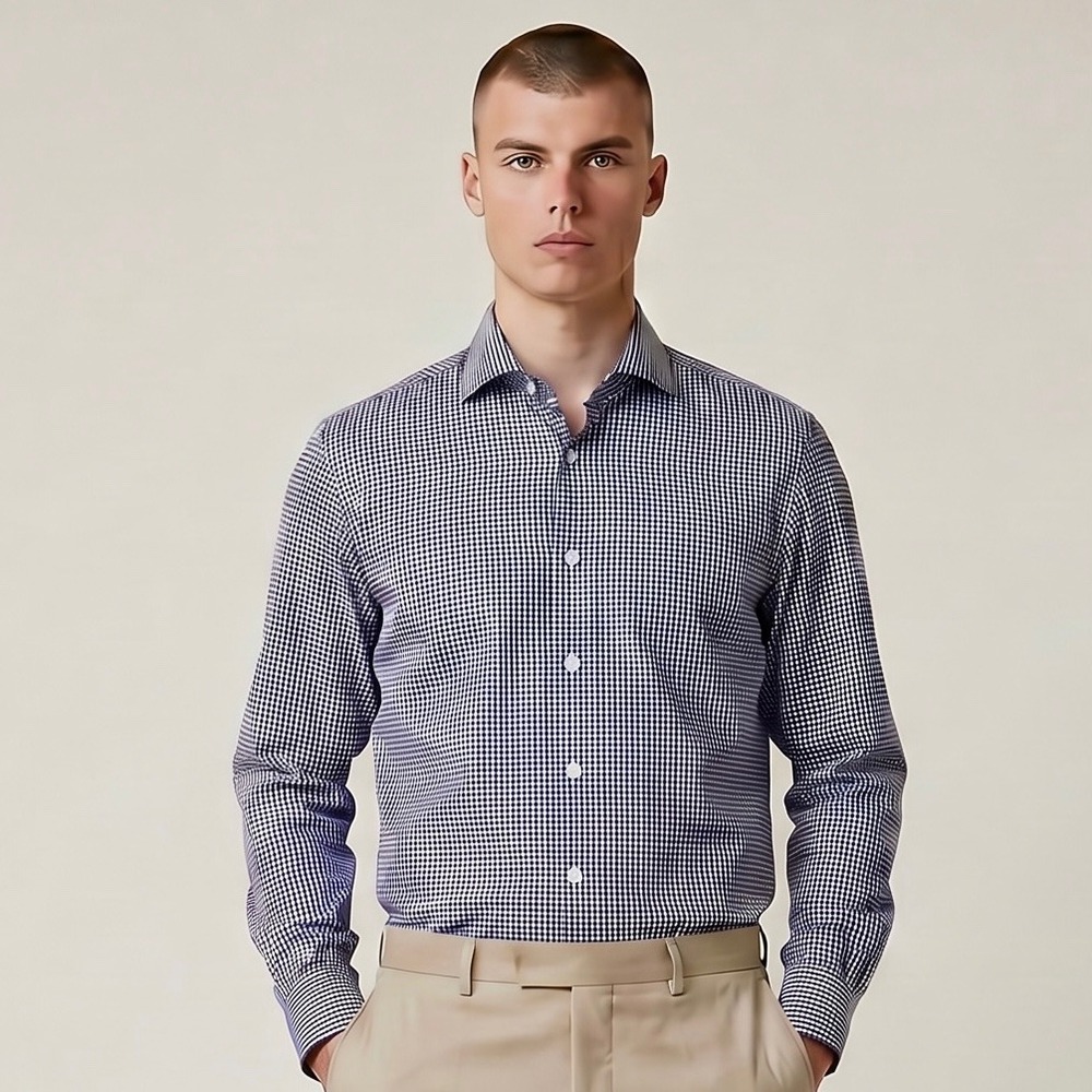 ISAIA Napoli Dress Shirt Mens 16.5 42 Blue Gingham Check Cotton Italy Luxury